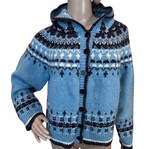 VTG Handmade Fair Isle Nordic Wool Cropped Hooded Cardigan Knit Sweater Medium - Picture 3 of 16